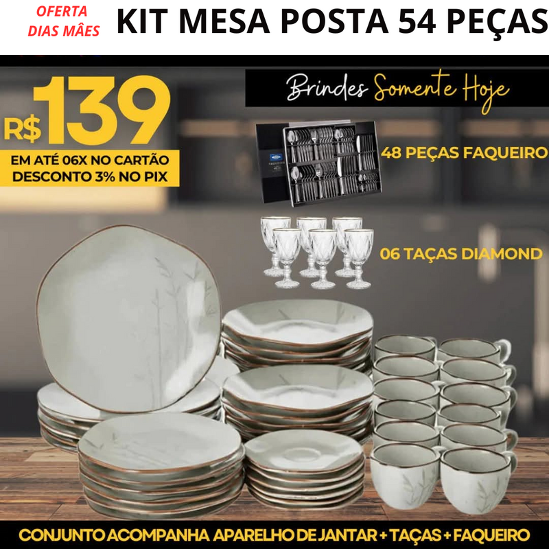 Aparelho de Jantar em Porcelana  Luxo Oxford Conjunto 54 Peças + Brinde 01 Faqueiro